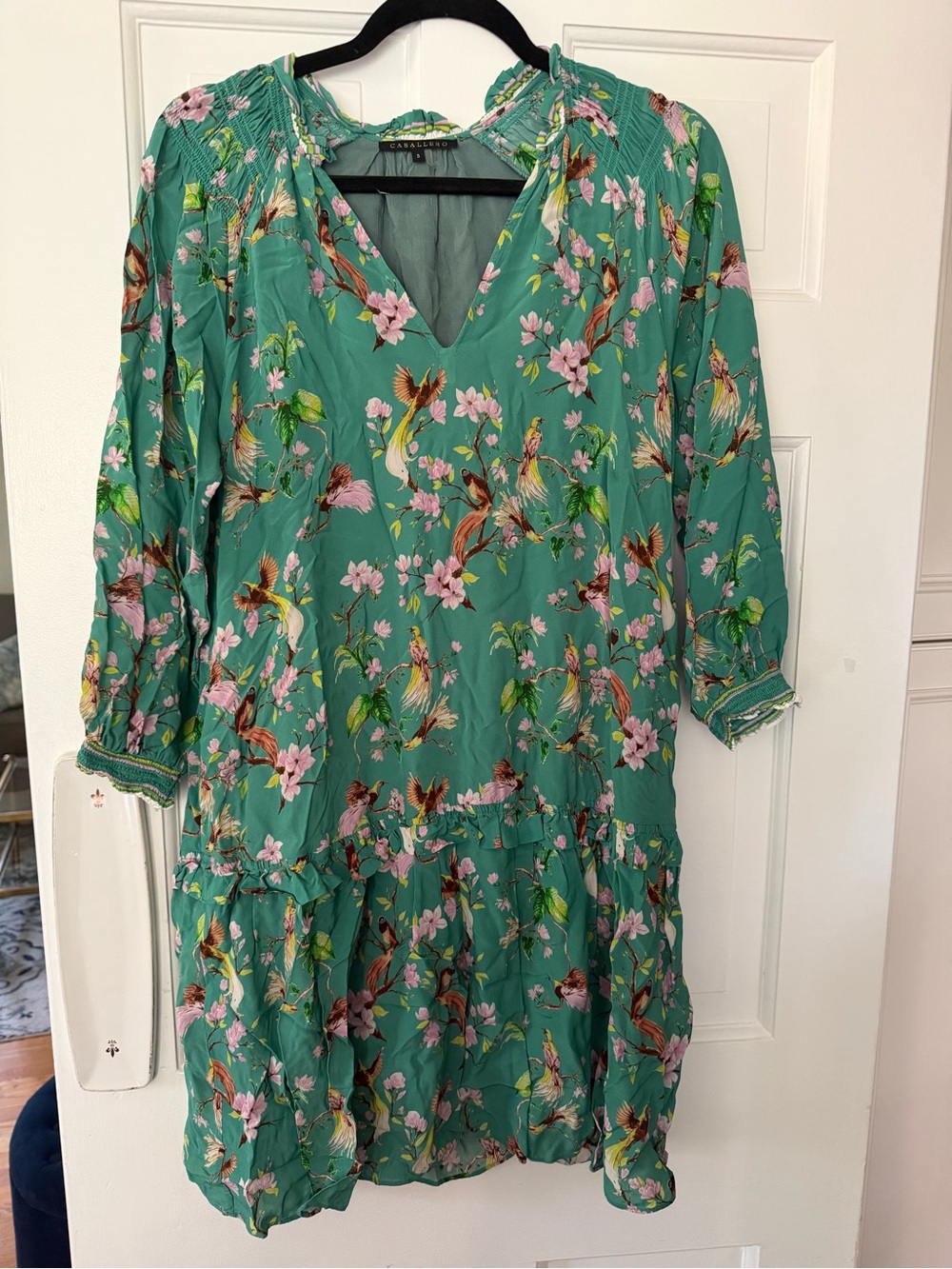 Women's Caballero Green Floral V-Neck Tiered Long-Sleeve Dress - NO BELT